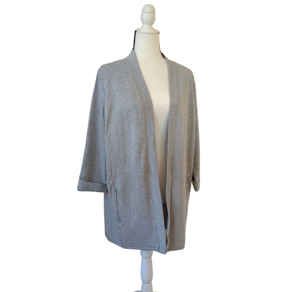 Karen Scott Sport Three Quarter Sleeve Heathered Open Cardigan XL Gray Pockets